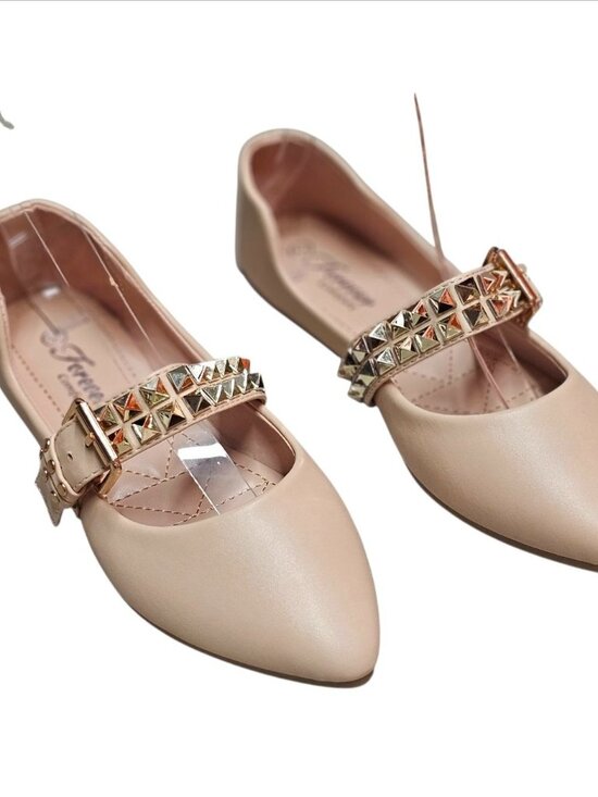 Studded Metallic Strap Beige Pointed-Toe Flats For Girls - Comfortable & Stylish - Picture 8 of 10